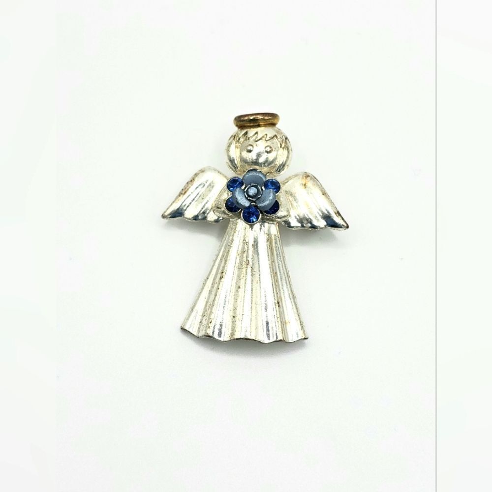 5/$20 Vintage silver blue rhinestone angel brooch